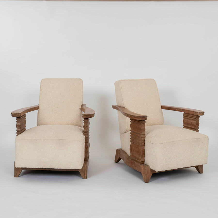 Pair French Art Deco Cerused White Oak Lounge Chairs