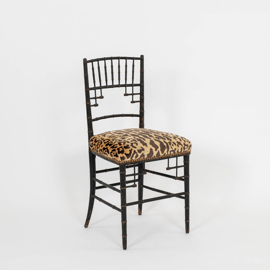 Pair Napoleon III Faux Bamboo Leopardo Silk Velvet Chairs