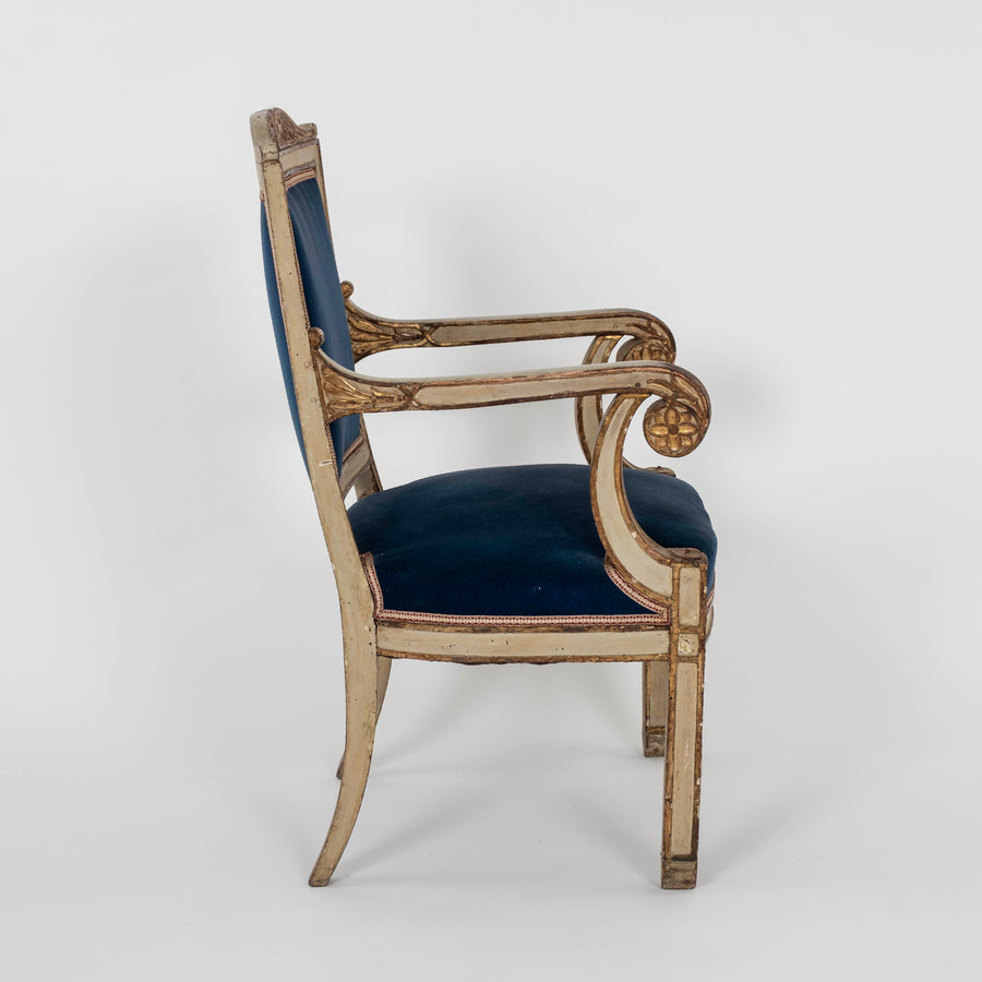 Pair of Italian 18th Century Neoclassical Painted Parcel Gilt Armchairs