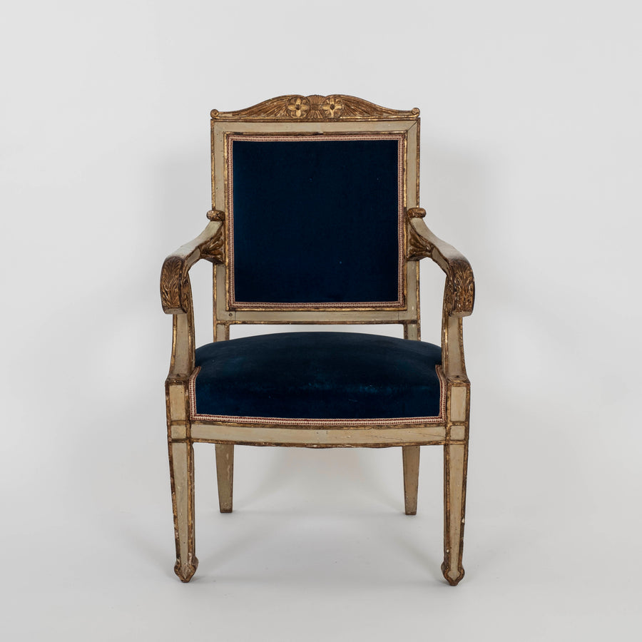 Pair of Italian 18th Century Neoclassical Painted Parcel Gilt Armchairs