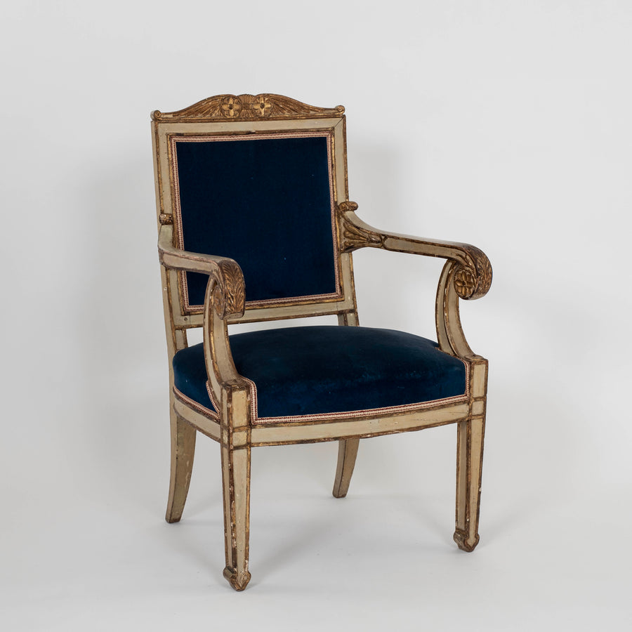 Pair of Italian 18th Century Neoclassical Painted Parcel Gilt Armchairs