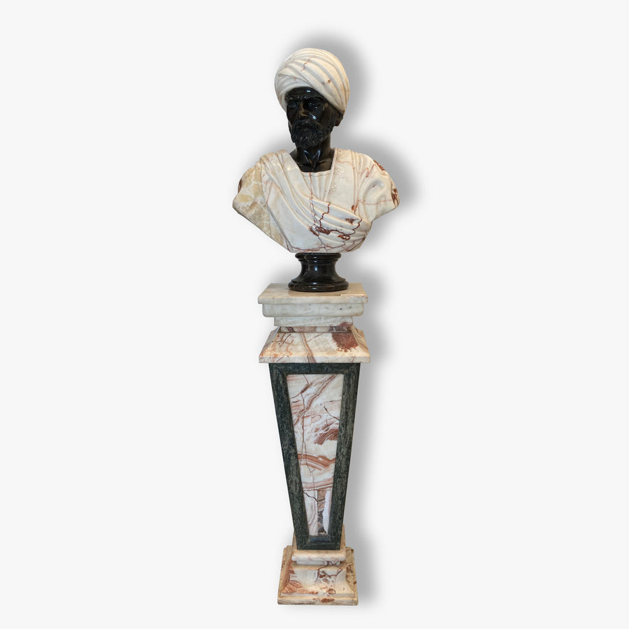 Cheik Arabe du Caire Carved Marble Bust on Pedestal