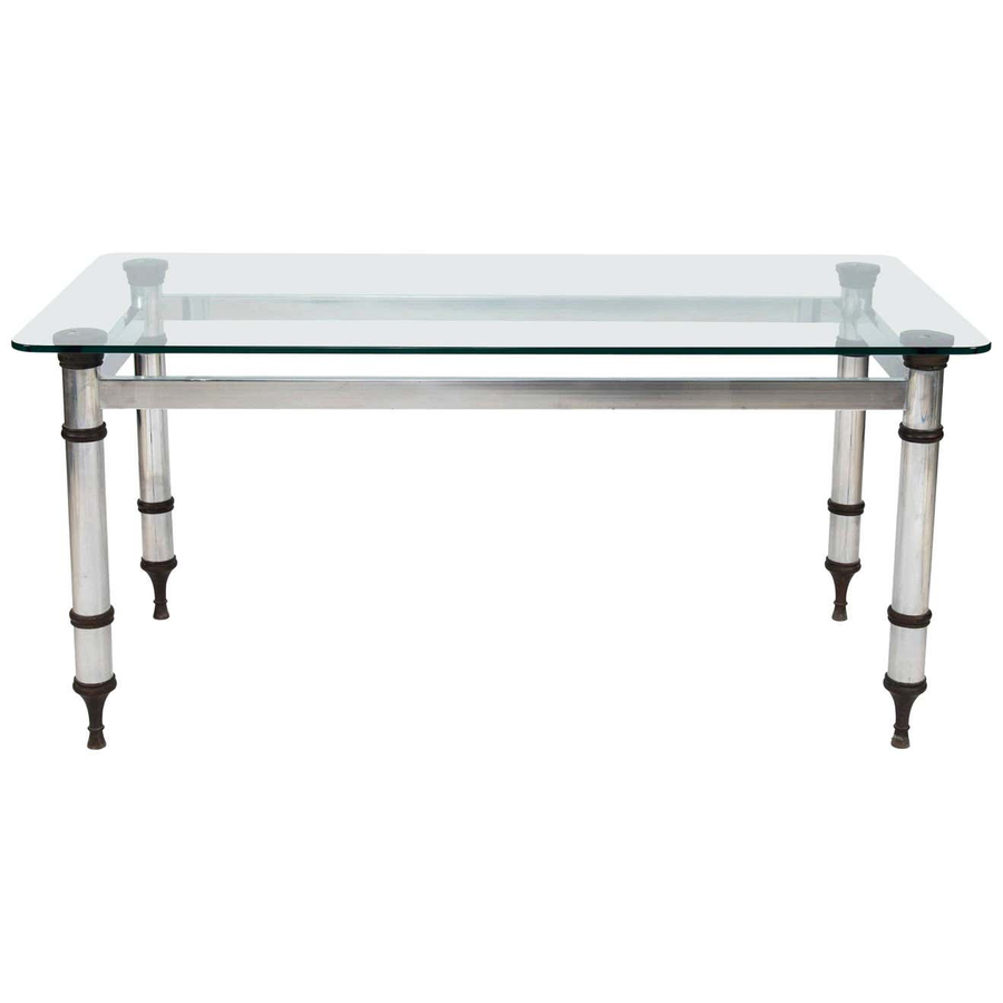 French Maison Jansen Style Steel And Bronze Table With Glass Top