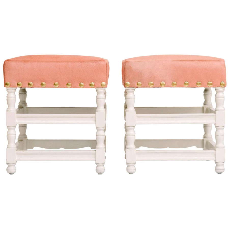 Pair Custom White Lacquer Stools Upholstered In Pink Hide