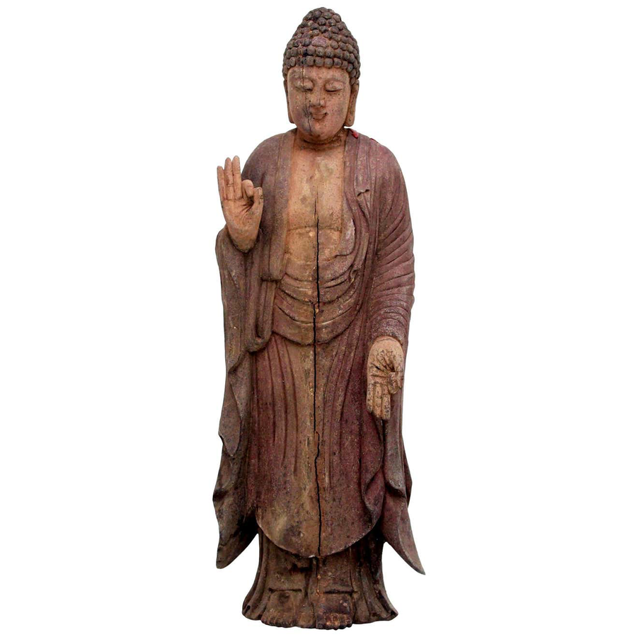 Carved Polychrome Standing Protection Buddha Figure