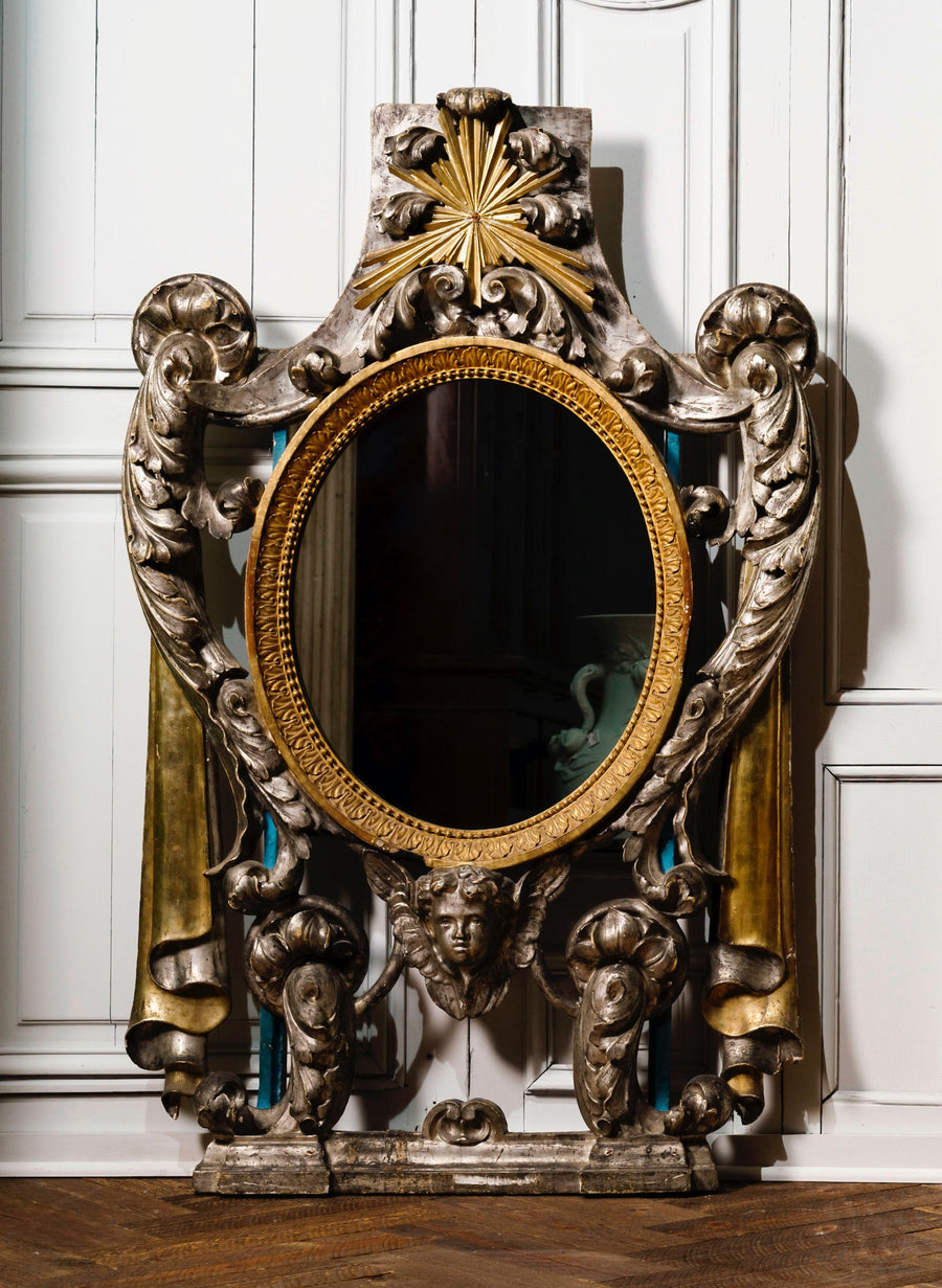 17th Century French Renaissance Silver Gold Giltwood Mirror